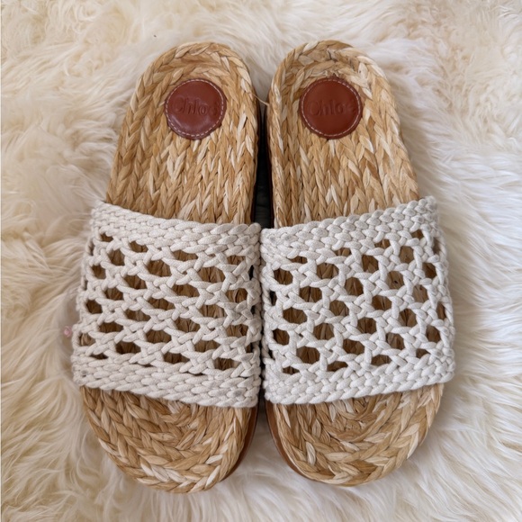 Chloé Woven Slide Sandals in Cream and Tan - Picture 2 of 3